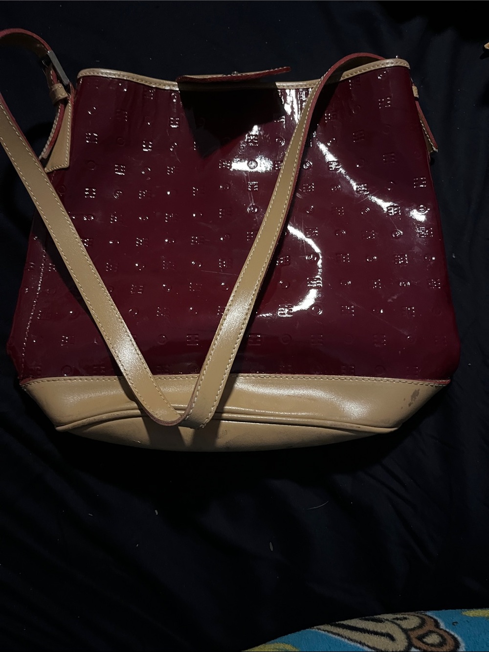 Arcadia Two-Tone Patent Shoulder Bag in Burgundy and Tan